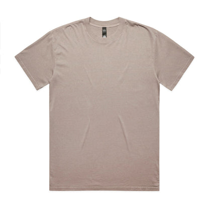 Beige crew neck t-shirt with short sleeves and a simple design.