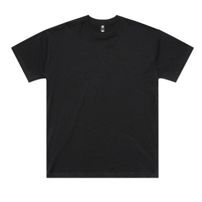 Black crew neck t-shirt with short sleeves and a small white logo on the left chest.