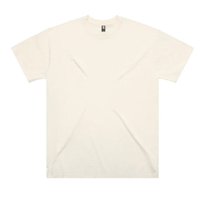 Cream-colored crew neck t-shirt with short sleeves and a small logo on the left chest.