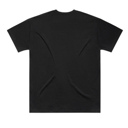 Black plain t-shirt with short sleeves and crew neck.