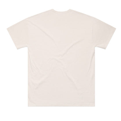 Cream-colored, short-sleeved t-shirt with a v-neck and ribbed cuffs.