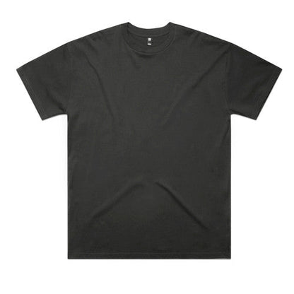 Black crew neck t-shirt with short sleeves and a simple design.