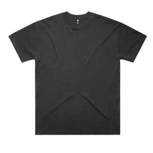 Black crew neck t-shirt with short sleeves and a simple design.