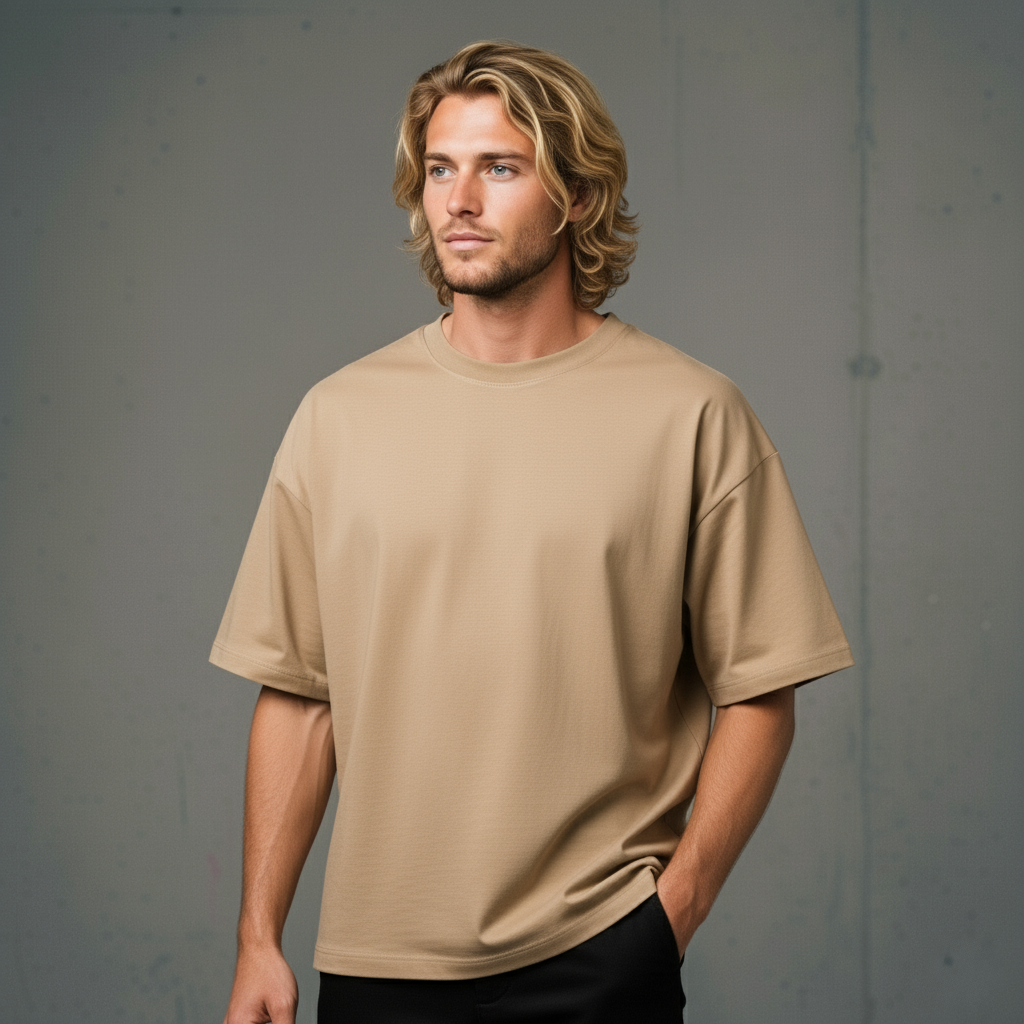 Beige oversized t-shirt with short sleeves and crew neck.
