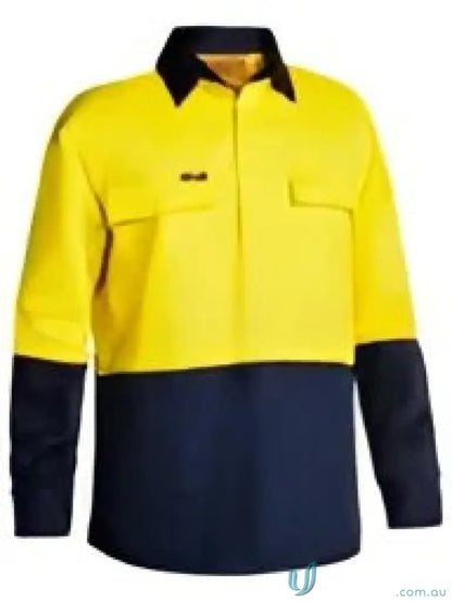 Hi Vis Closed Front Drill Shirt in yellow and navy with pockets made of preshrunk cotton drill