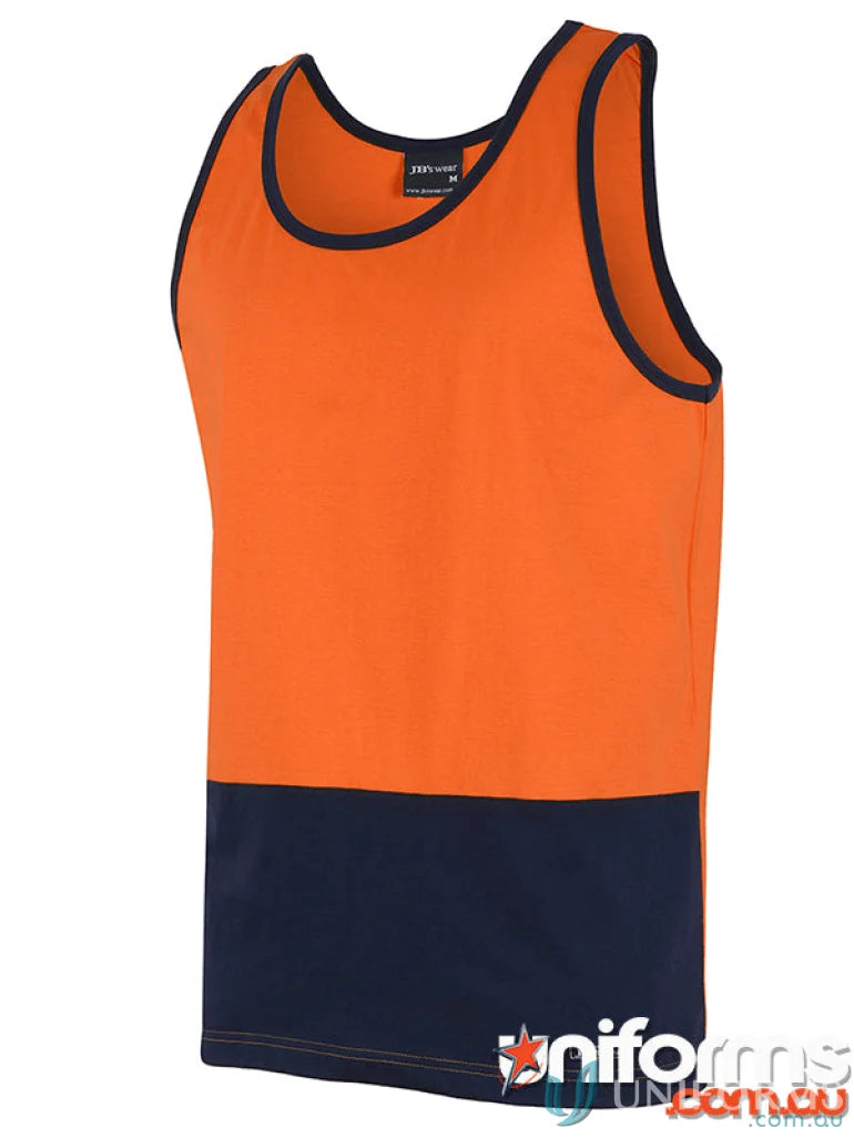 Orange and navy blue HI VIS Cotton Singlet ideal for work uniforms and sizing specs