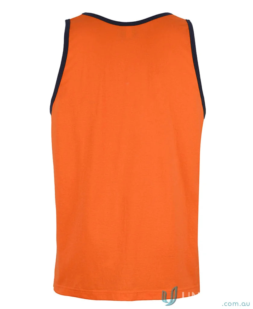 Orange tank top with dark blue trim from HI VIS Cotton Singlet, perfect for work uniforms