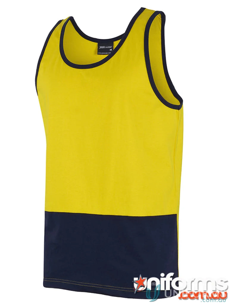 Yellow and navy blue HI VIS Cotton Singlet ideal for work uniforms and sizing options