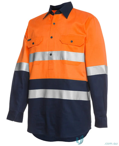 Orange and navy blue work shirt with reflective stripes made from breathable fabric for uniforms