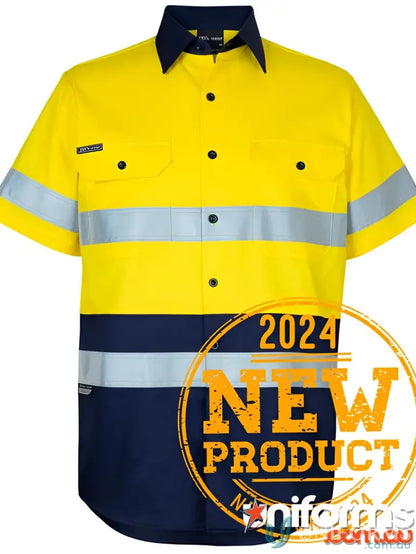 Yellow and navy blue high-visibility work shirt from HI VIS D+N S/S 150G workwear range