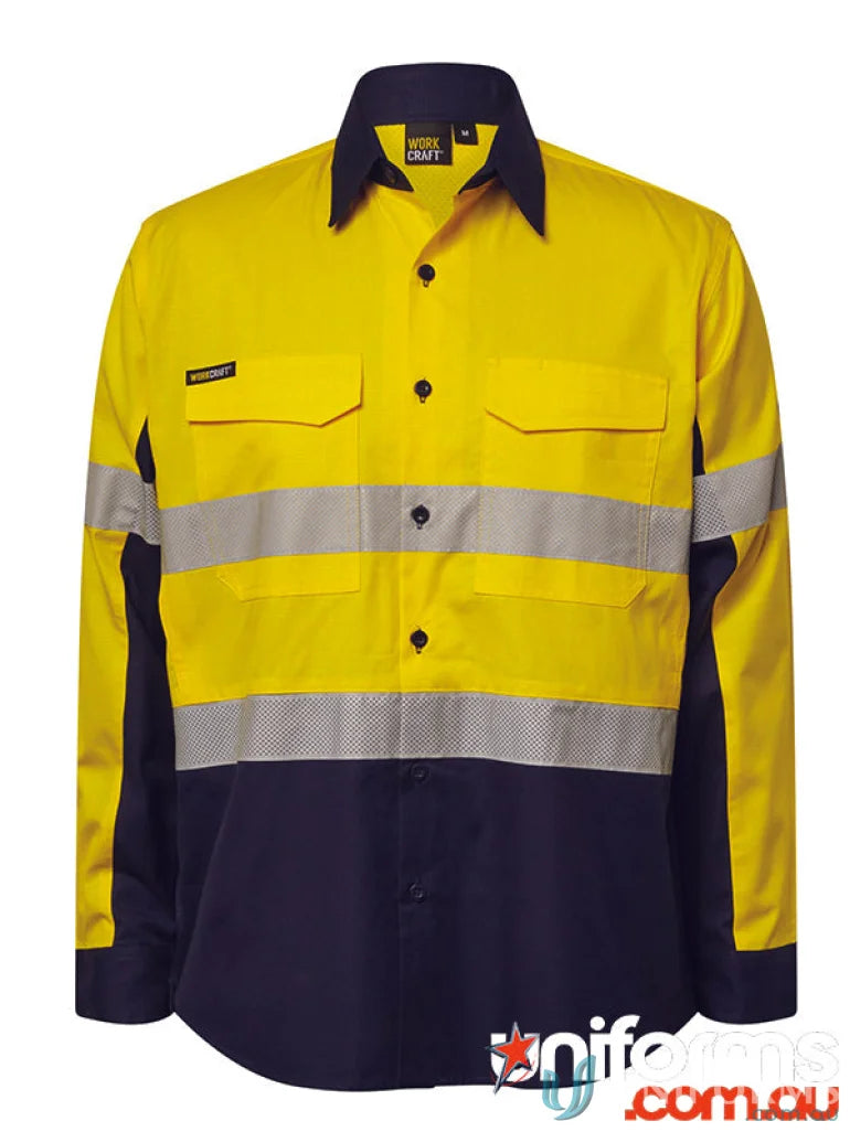 Yellow and navy work uniform shirt with reflective tape and sun protection features