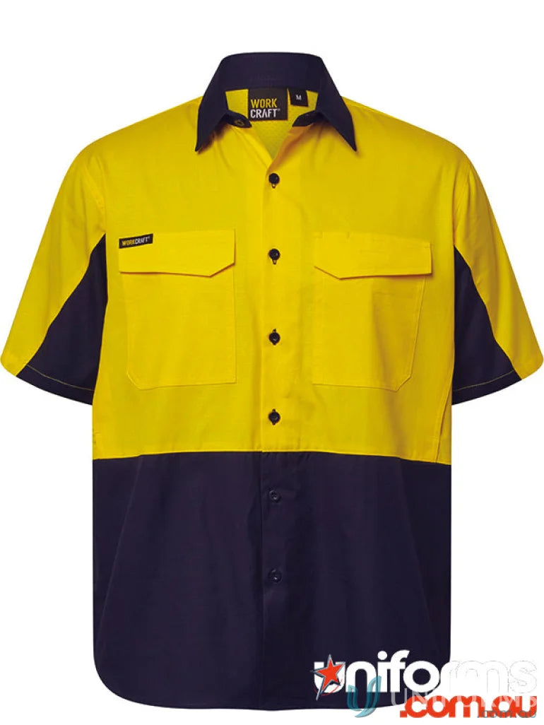 Hi Vis Vented Ripstop Shirt S/S yellow navy work shirt for sun protection and uniforms