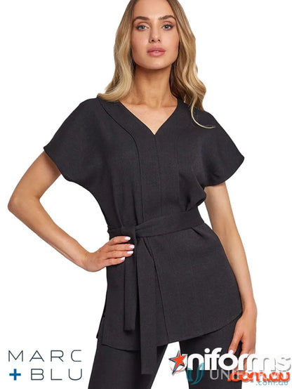 Black belted linen tunic with high V neck for a flattering silhouette in B035E linen style