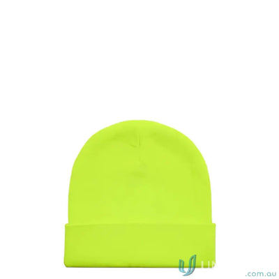 Neon yellow safety beanie with cuff for high visibility and warmth in cold weather
