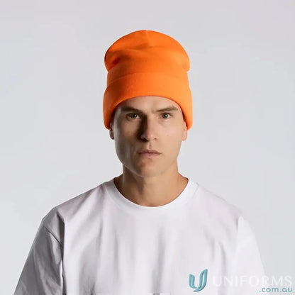 Orange knit safety beanie with cuff, high visibility safety beanie for work