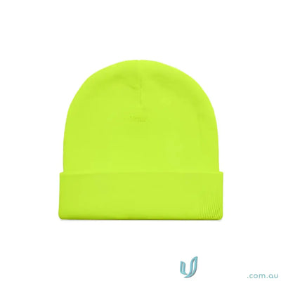 Bright neon yellow knit beanie for high visibility with relaxed fit and tight knit design