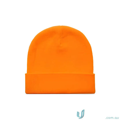 Plain orange high visibility knit beanie with relaxed fit and tight knit design