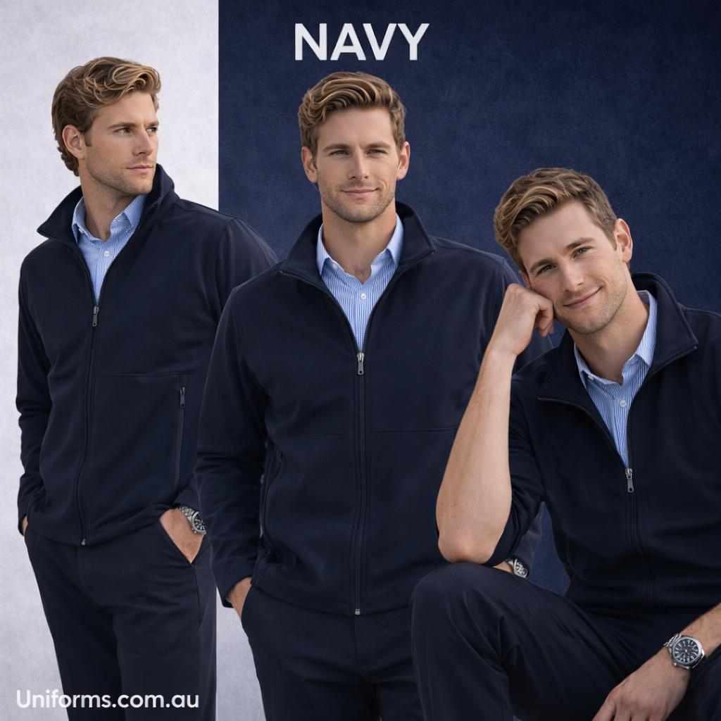 Navy blue jk23 mens softshell zip-up jacket with collar and pockets