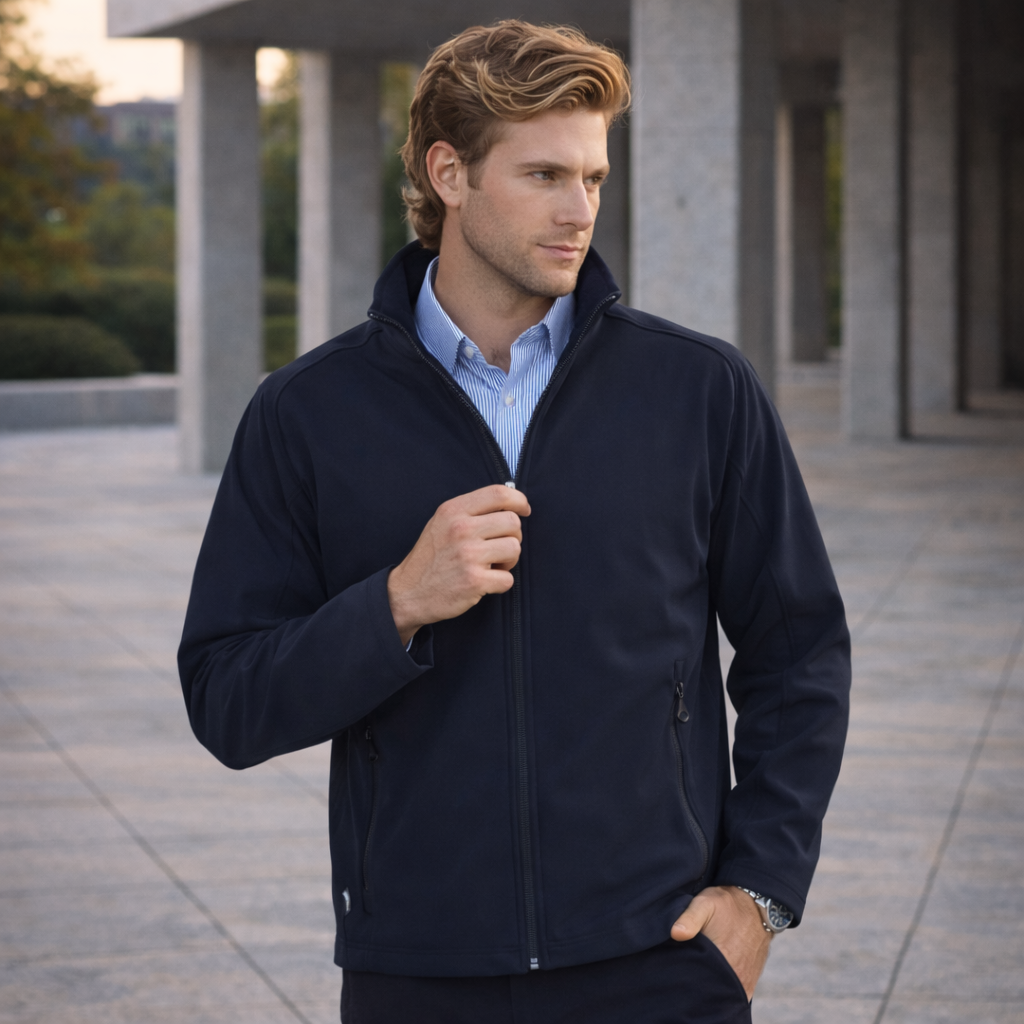 Navy blue zip-up jk23 mens softshell high-tech jacket back view