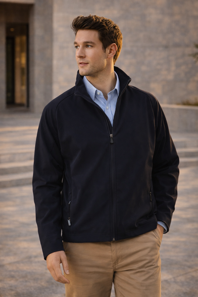 Navy blue zip-up jk23 mens softshell high-tech jacket front view