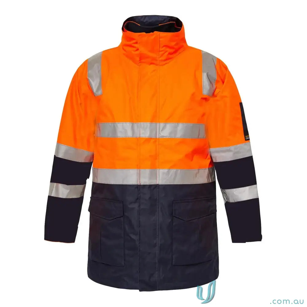 Orange and navy HiVis 4-in-1 Reflective Jacket with embroidery access zip and polar fleece