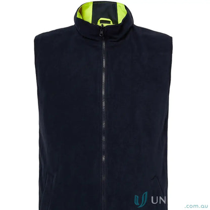 Navy blue HiVis 4-in-1 Reflective Jacket with embroidery access zip and yellow fleece lining
