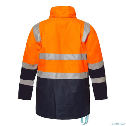 Orange and navy HiVis 4-in-1 reflective jacket with embroidery access zip and polar fleece