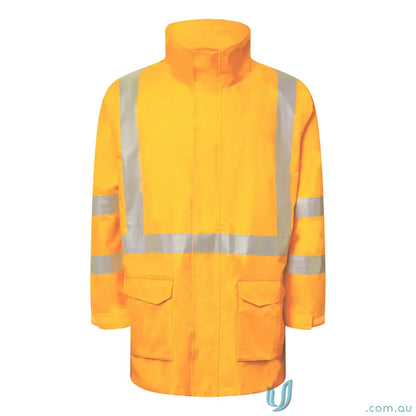 Bright yellow NSW Rail X-Tape Jacket with reflective stripes, weather protection, and hand warmer pockets