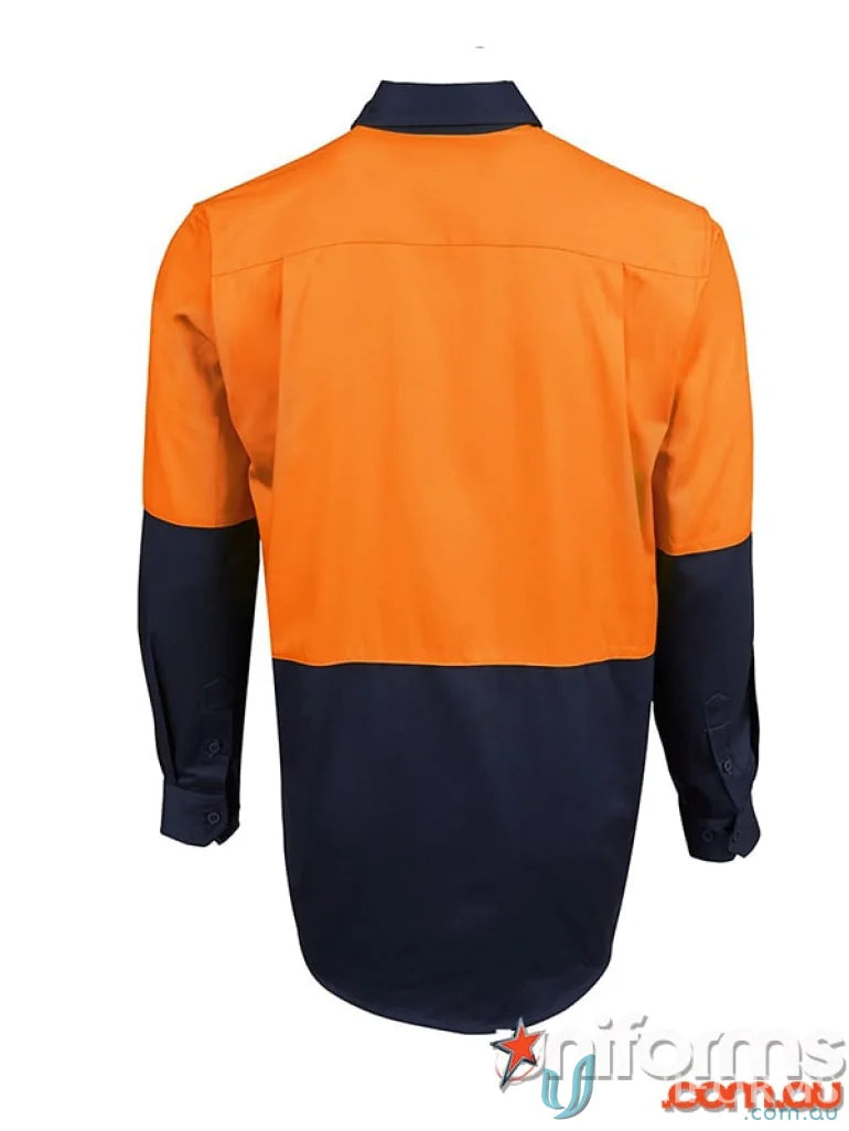 Orange and navy blue cotton drill work shirt from HiVis breathable work uniforms