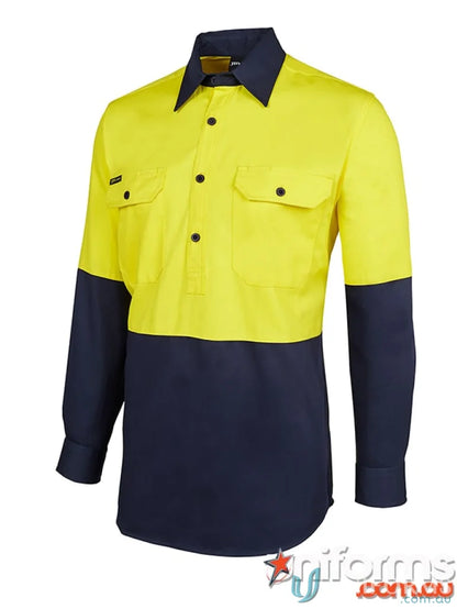 Two-tone long-sleeved HiVis cotton drill work shirt in breathable fabric for work uniforms