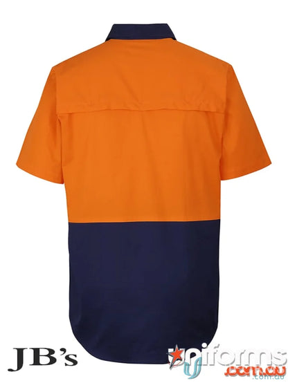 Orange and navy blue work shirt from HiVis Close Front SS Shirt with breathable fabric for sun protection