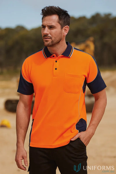 Mens orange and navy blue polo shirt with chest pocket, perfect for workwear uniforms