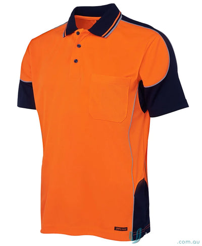 Orange and navy blue polo shirt made from durable fabric, perfect for uniforms and workwear