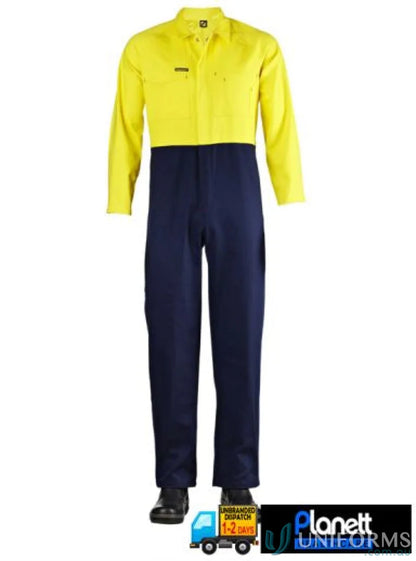 Yellow and Navy Blue HiVis Coverall with pockets for workwear and uniforms