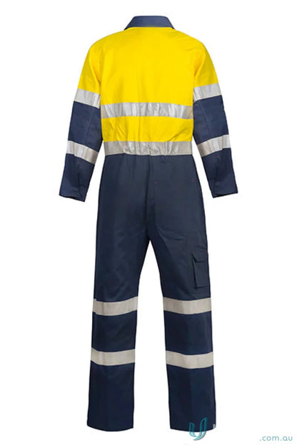 Blue and yellow reflective work jumpsuit with tape for safety and workwear uniforms