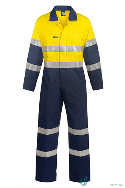 Yellow and blue reflective work coverall with tape, ideal for workwear and uniforms
