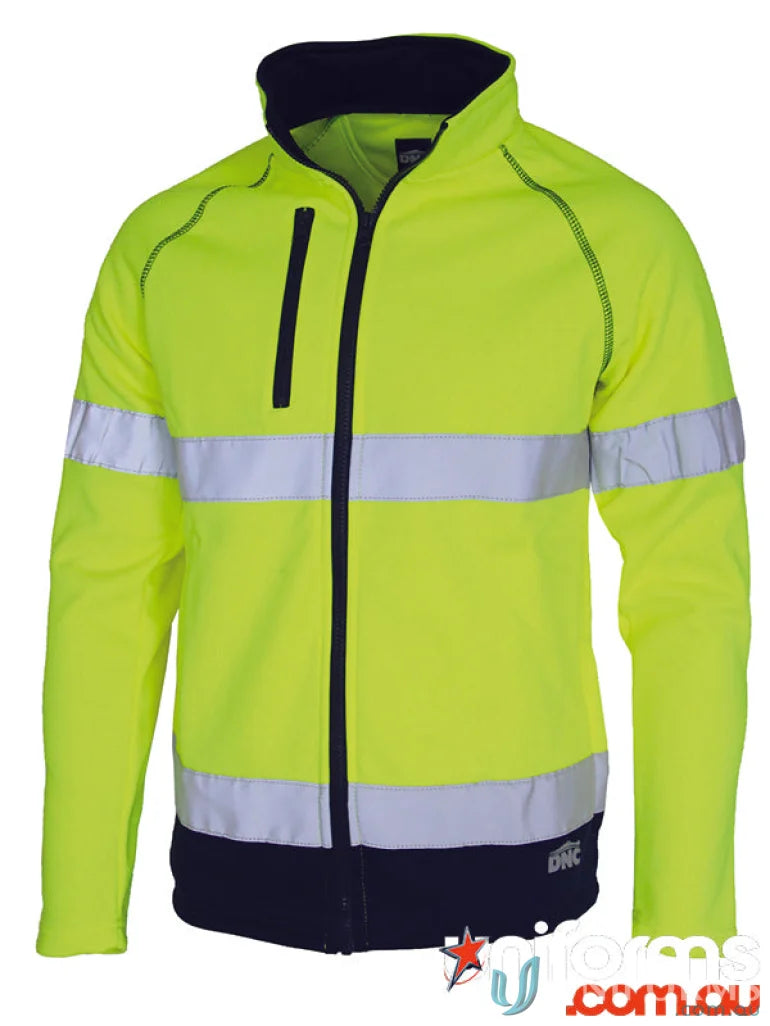 High-visibility yellow taped softshell jacket with reflective stripes for safety and durability