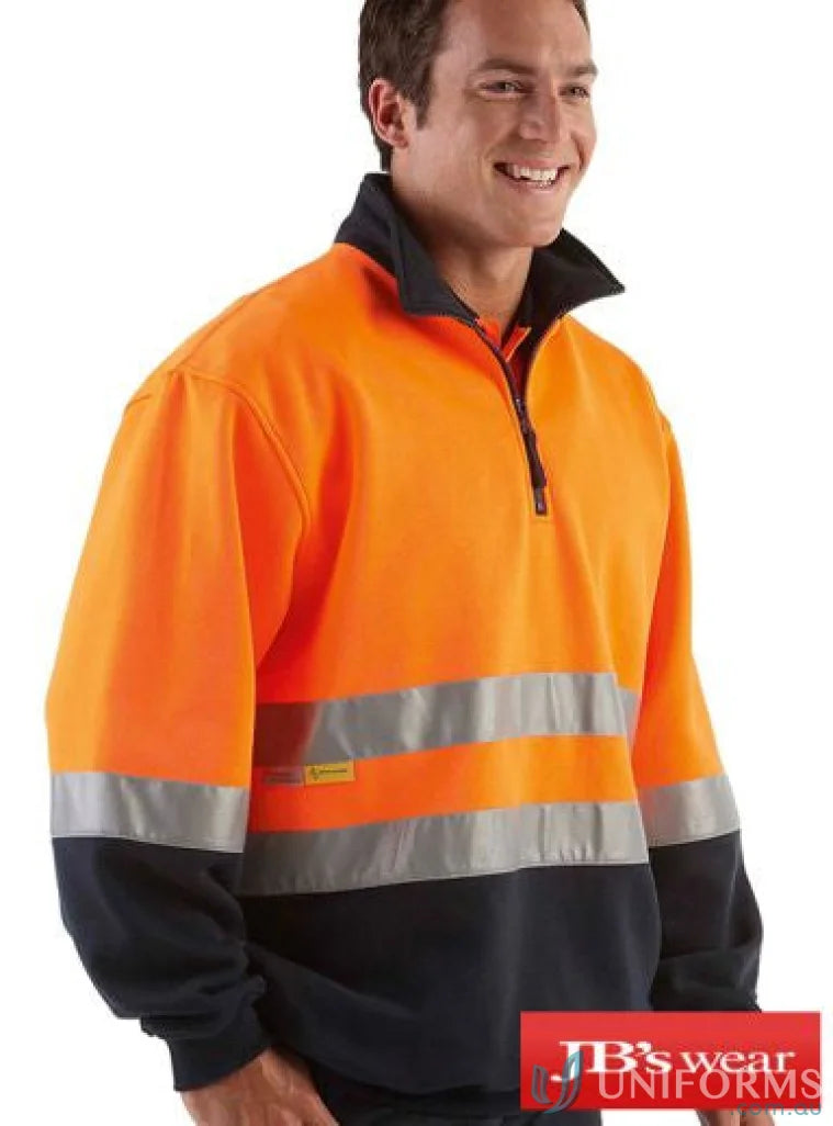 Orange and navy high-visibility half zip fleecy jumper for work safety