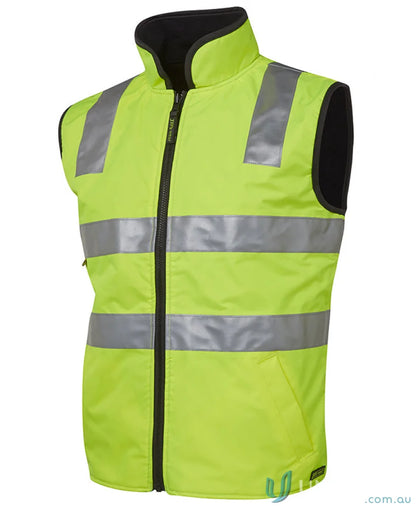 Bright yellow HiVis Reversible Vest with reflective stripes, perfect for work uniforms