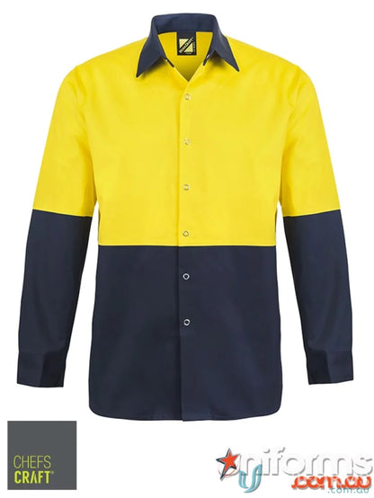 HiVis Drill cotton drill shirt for large-scale processing plants, half yellow navy blue