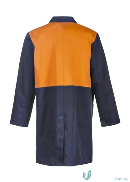 HiVis Dust Coat with two-tone design, high visibility upper panel, and concealed press stud