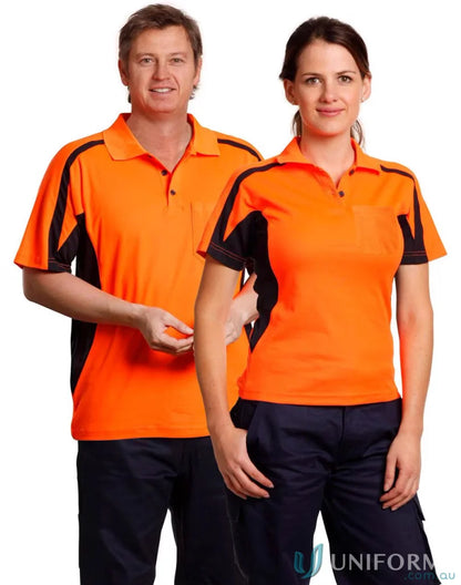 Matching orange and black work uniforms in HiVis Fashion PoloUnisex, perfect for sw25 hi-vis and Spirit Hivis Truedry
