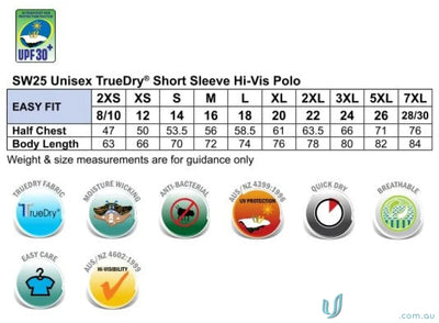 Size chart for HiVis Fashion PoloUnisex featuring SW25 Hi-Vis Spirit Hivis Truedry