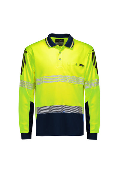 Mens hi vis flux segmented tape LS polo in neon yellow with reflective tape