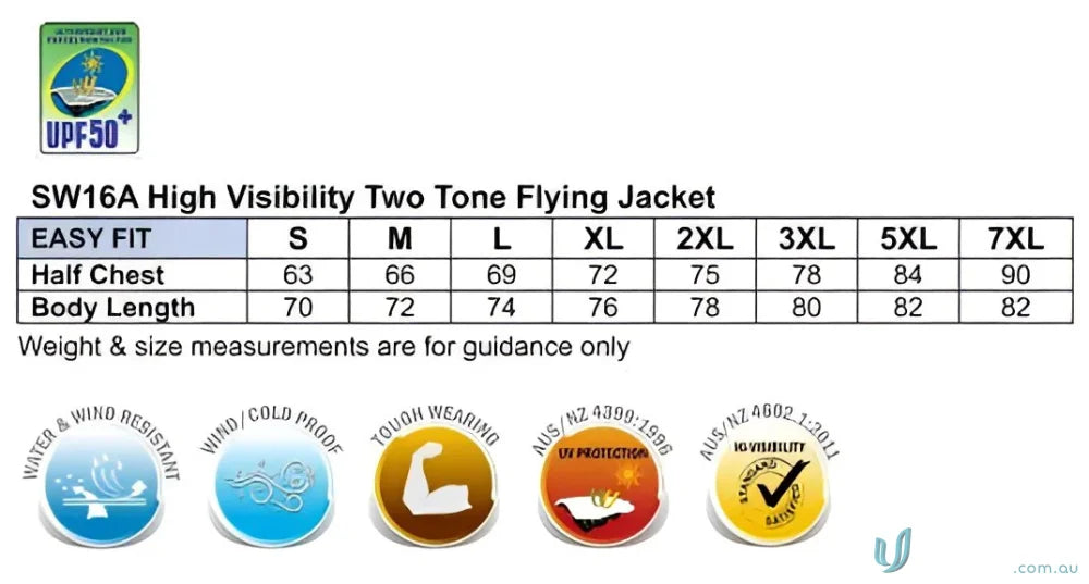High visibility jacket size chart for Sw16A Hi-Vis Hivis Flying Jacket with 3M Tapes