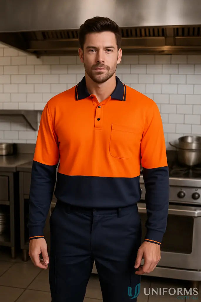 HiVis Food Industry LS Polo shirt with orange and navy, perfect for minimizing contamination risks