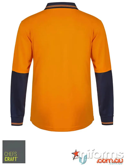Orange long-sleeved polo shirt with navy blue accents for hivis food industry work