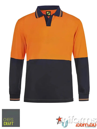 HiVis Food Industry long-sleeved polo shirt in orange navy with striped collar for minimizing contamination risks