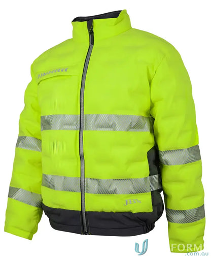 High-visibility yellow graphene puffer jacket with reflective stripes for outdoor safety