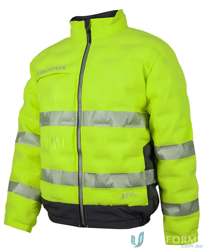 High-visibility yellow graphene puffer jacket with reflective stripes for outdoor safety